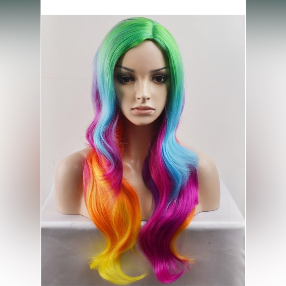 Beautiful vibrant colorful long curly wig costume cosplay Halloween